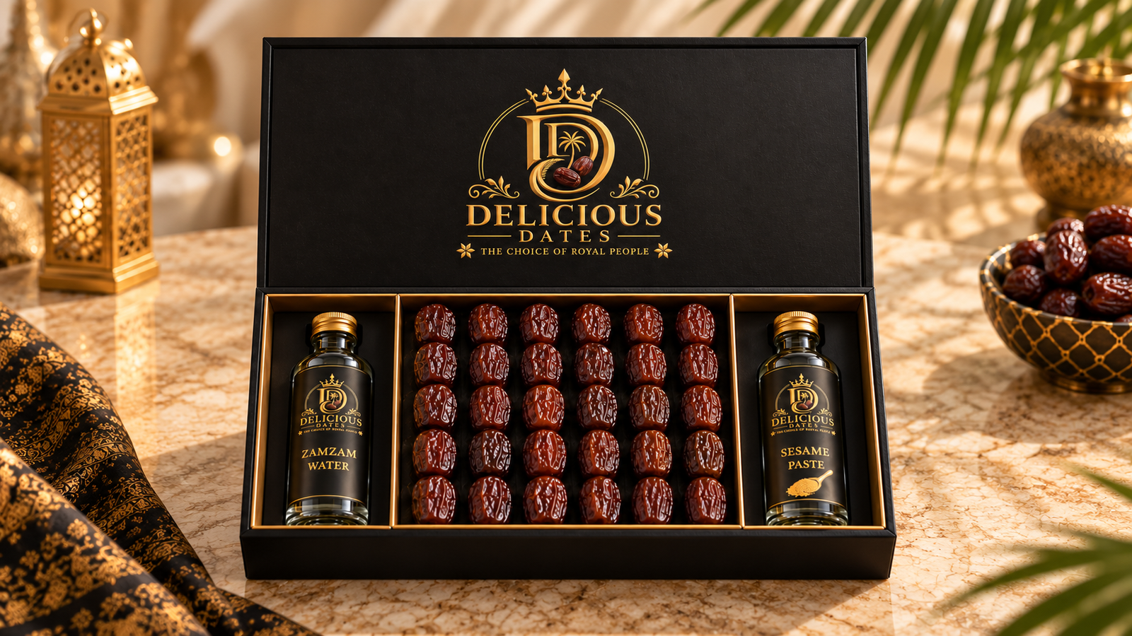 Premium Delicious Dates gift box with Khalas dates, Zamzam water and sesame paste